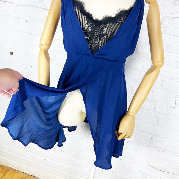 NBD blue dress with black lace accents slip dress layered 90s y2k size Large - Picture 9 of 11